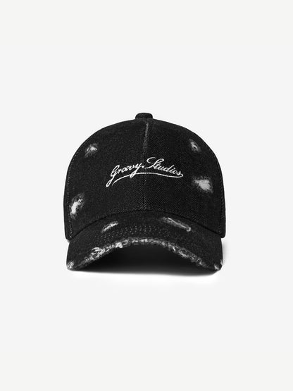 Distressed Denim Cap Black
