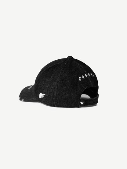 Distressed Denim Cap Black