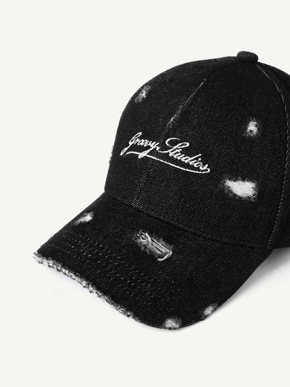 Distressed Denim Cap Black