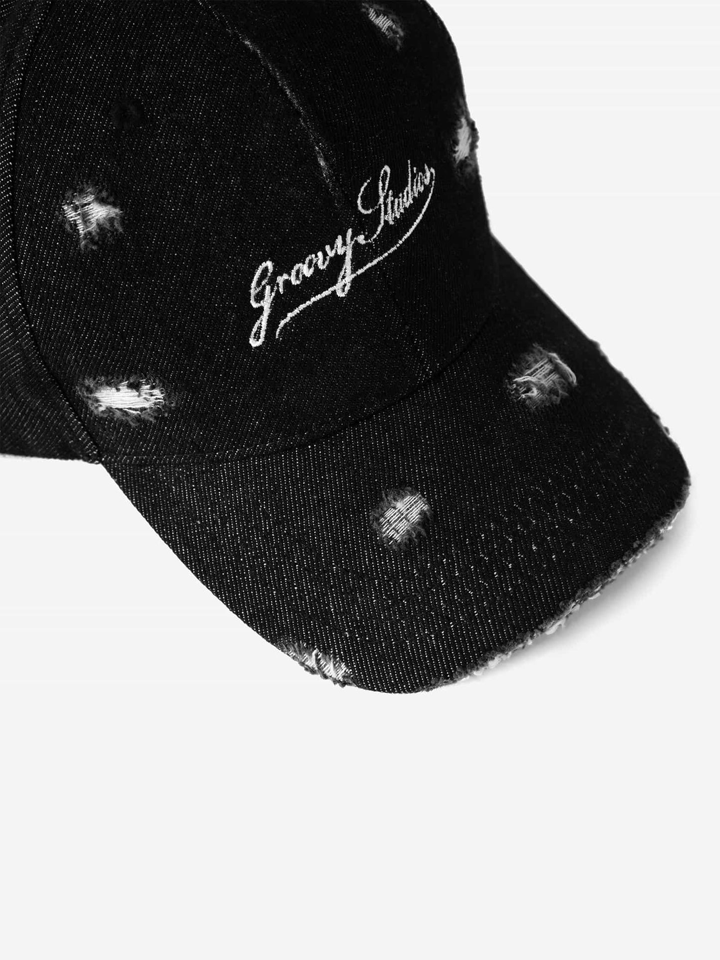 Distressed Denim Cap Black